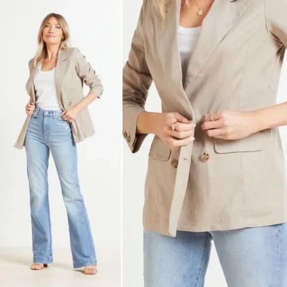 Evereve Alexa Double Breasted Linen Blend Blazer in Safari Tan Size Large - Picture 3 of 14